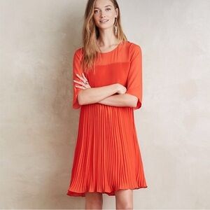 Anthropologie Maeve Edie Pleated Swing Dress Pleats accordion tangerine orange
